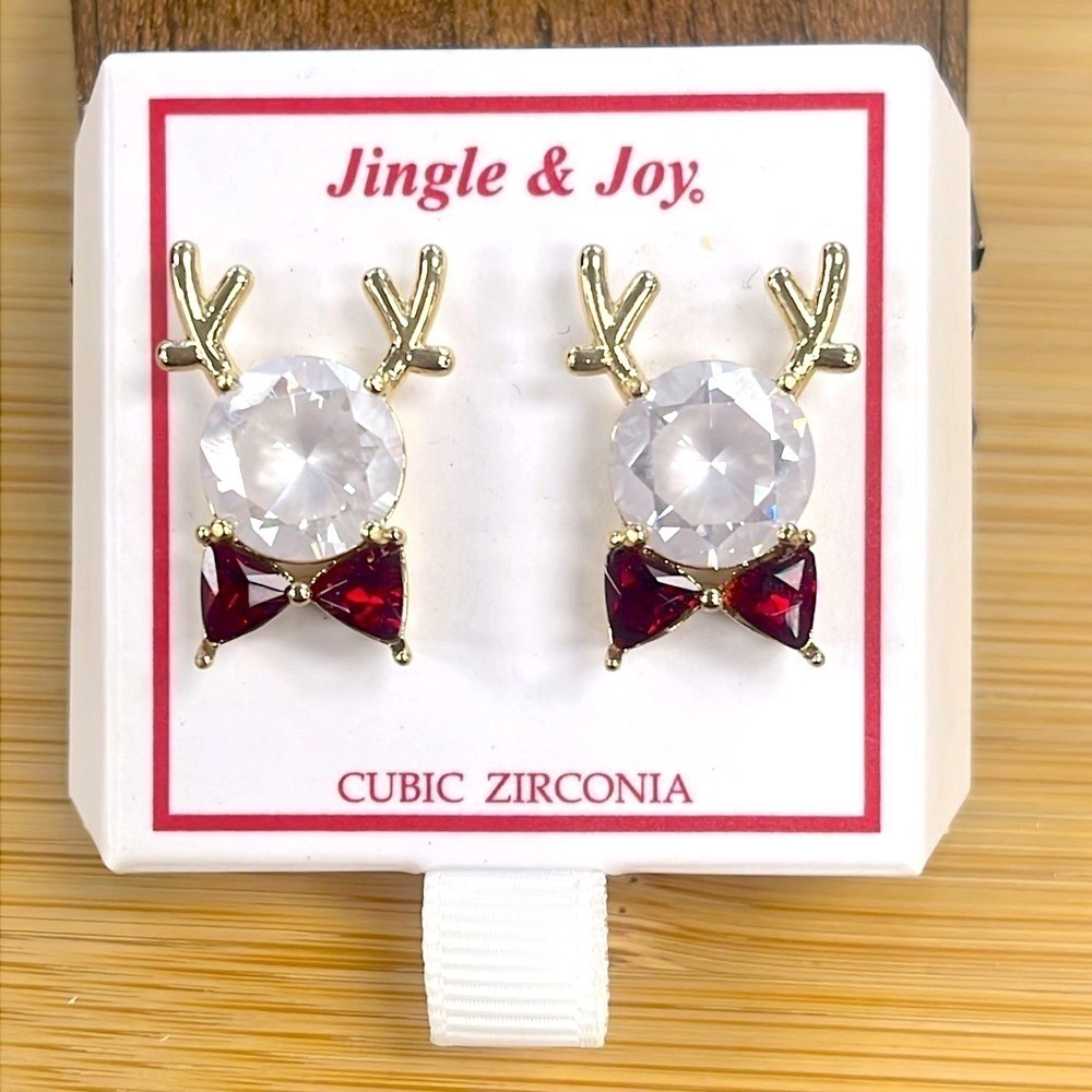 Brand New Large Cubic Zirconia Christmas Reindeer Bow Tie Sparkly Post Earrings